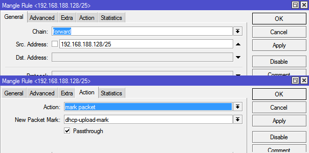 MikroTik firewall mangle upload packet mark rule