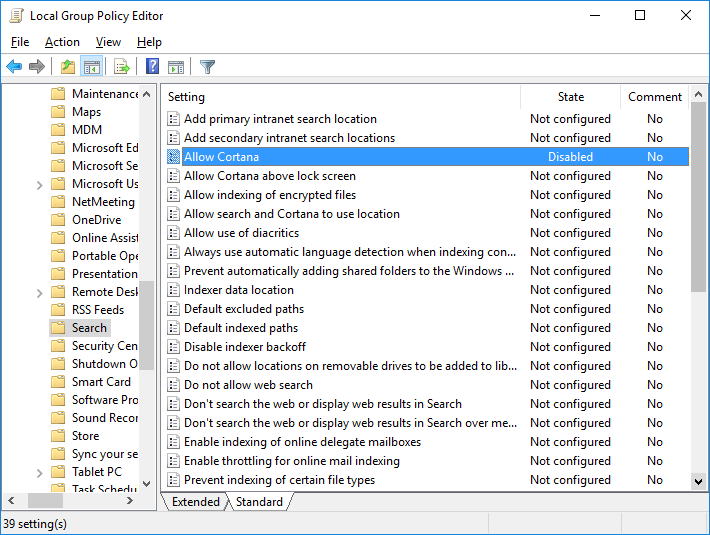 Disable cortana in gpedit